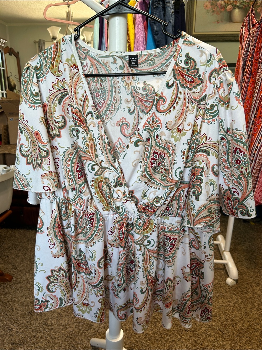 SHEIN White Paisley Wrap Blouse with Green and Rust Accents Size 3XL